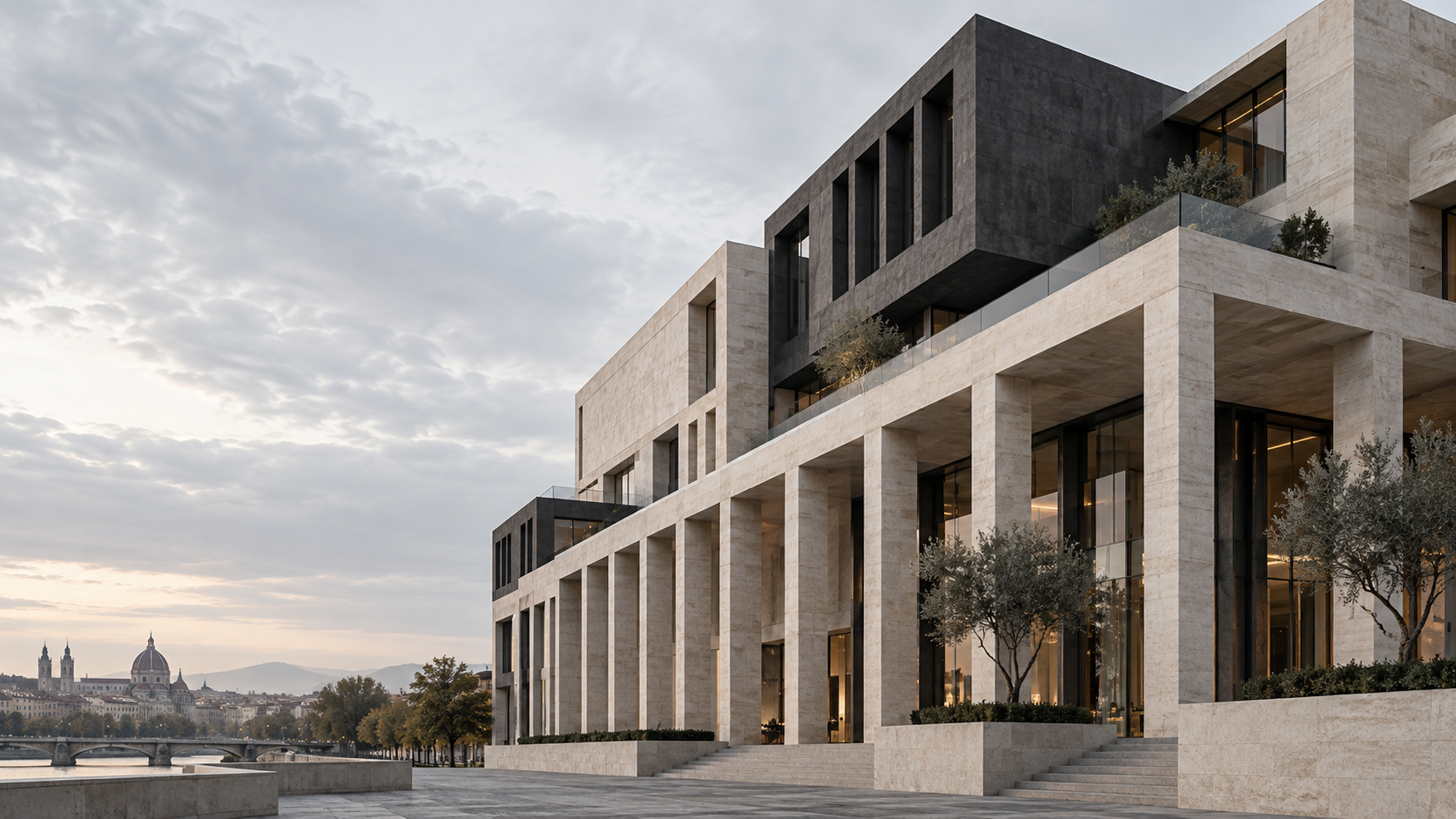 Contemporary stone and concrete building with a colonnade